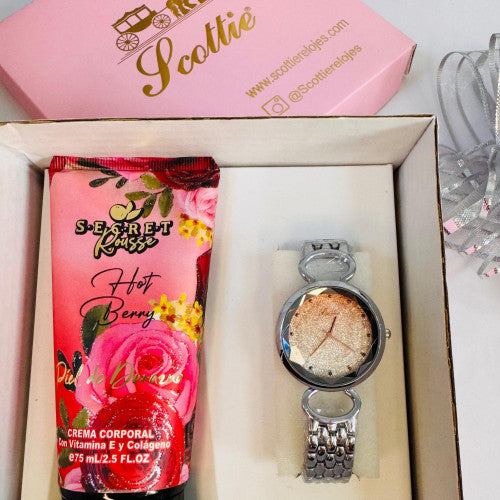 COMBO RELOJ SCOTTIE FONDO ROSA MÁS CREMA HIDRATANTE