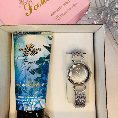 COMBO RELOJ SCOTTIE FONDO PLATA MÁS CREMA HIDRATANTE