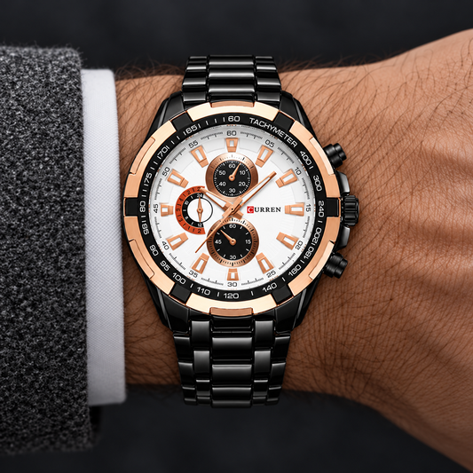 Reloj CURREN REF. 472 Negro/Blanco/Dorado · en la muñeca