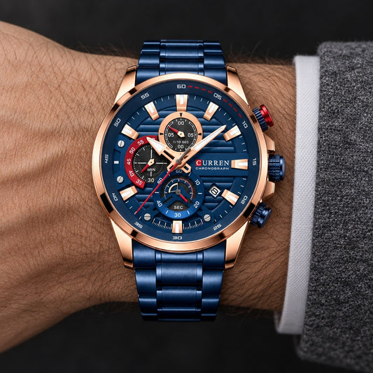 Reloj Curren 8415 Azul Cobre – en la muñeca
