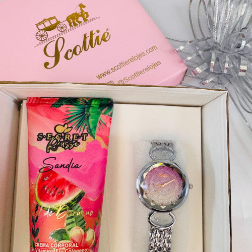 COMBO RELOJ SCOTTIE FONDO FUCSIA MÁS CREMA HIDRATANTE