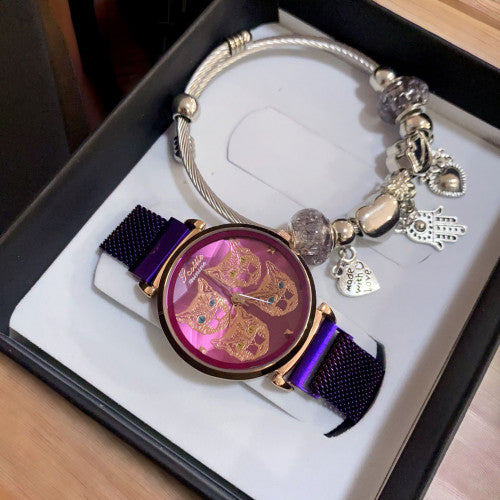 COMBO SCOTTIE MININO MALLA IMÁN MORADO Y PULSERA TIPO PANDORA