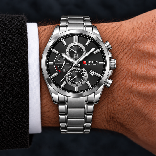 Reloj Curren 8475 Plata Fondo Negro · en la muñeca