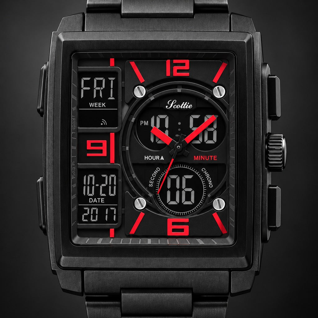 Reloj Scottie 1274 Negro Rojo – detalle del dial