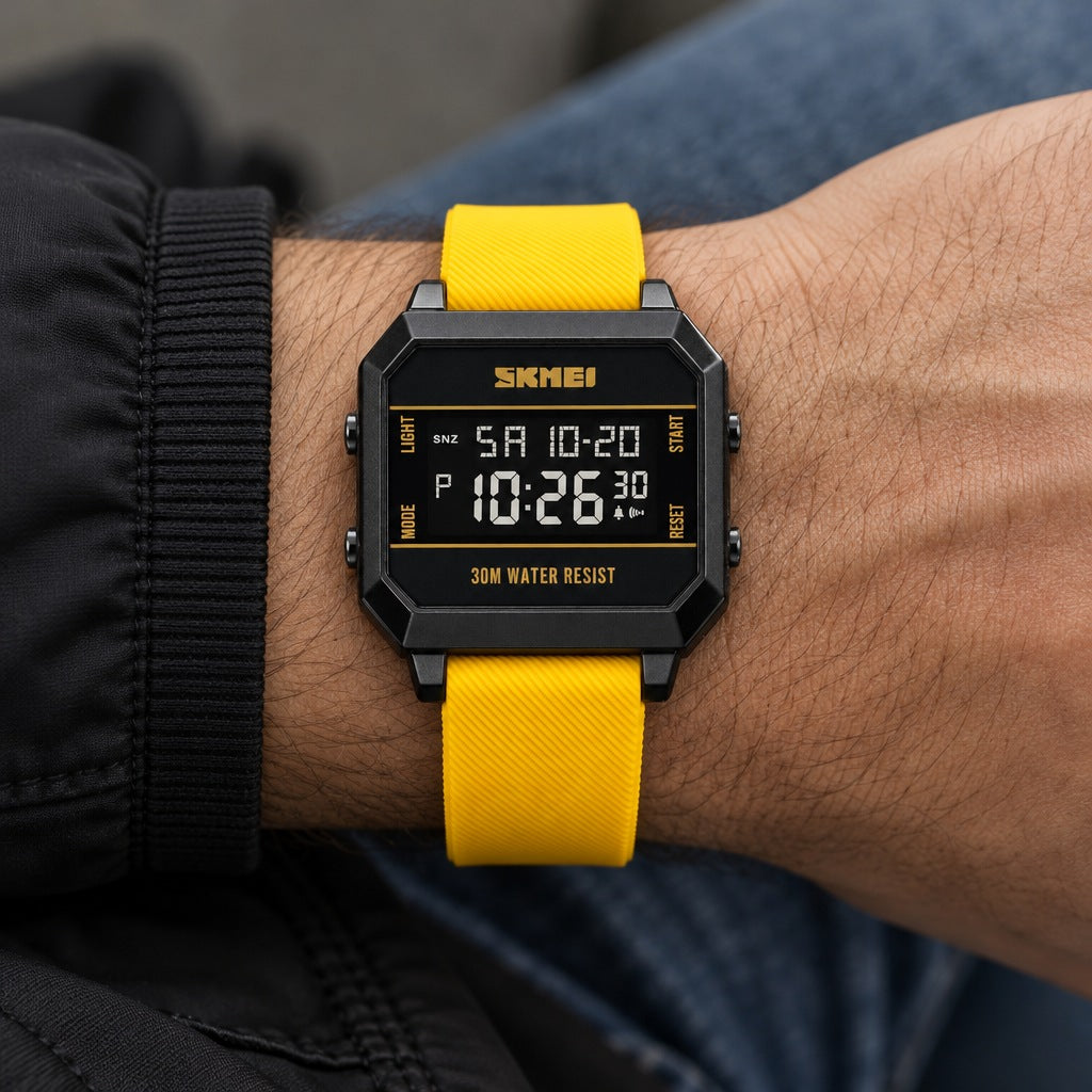 Reloj Skmei Digital Amarillo – en la muñeca