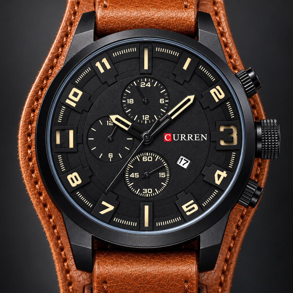 Reloj Curren 8225 Caja Negra Pulso Café – detalle del dial