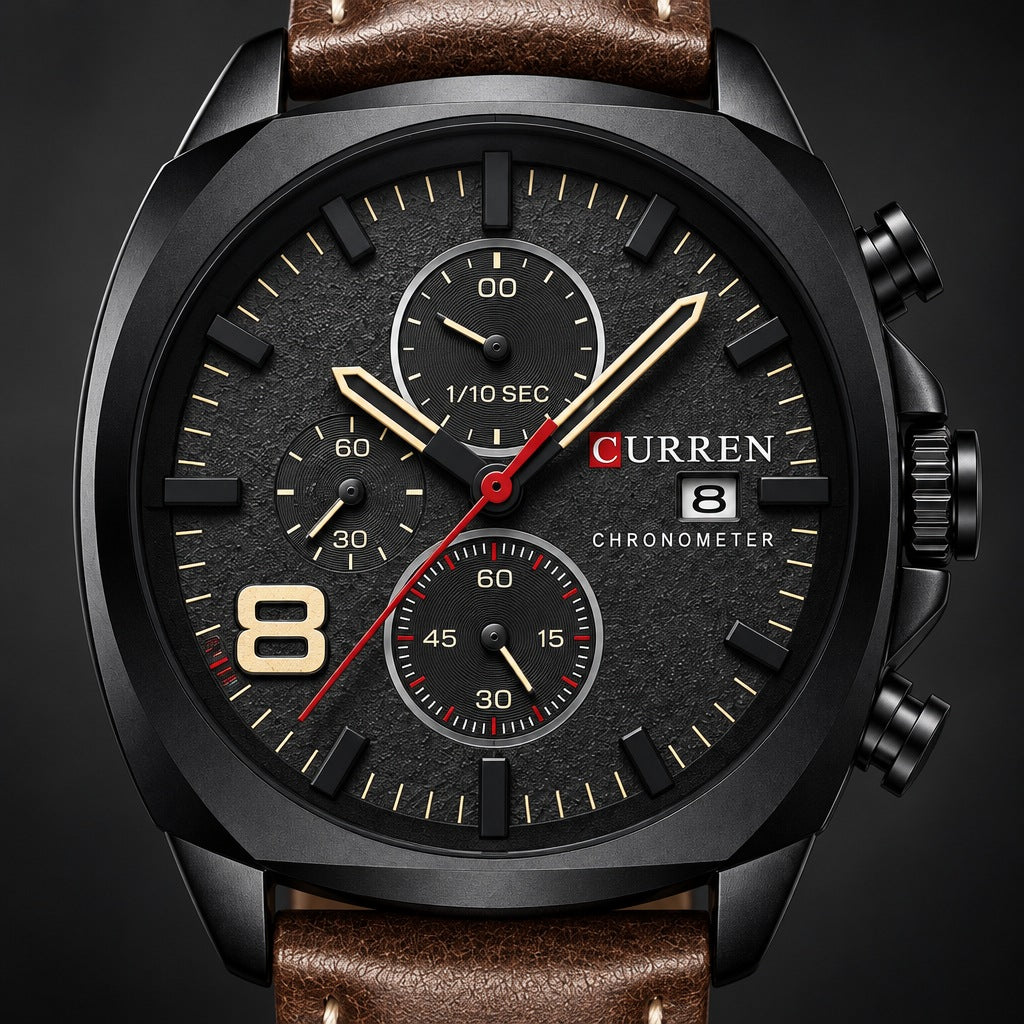 Reloj Curren 8324 Case Negro Pulso Marrón – detalle del dial