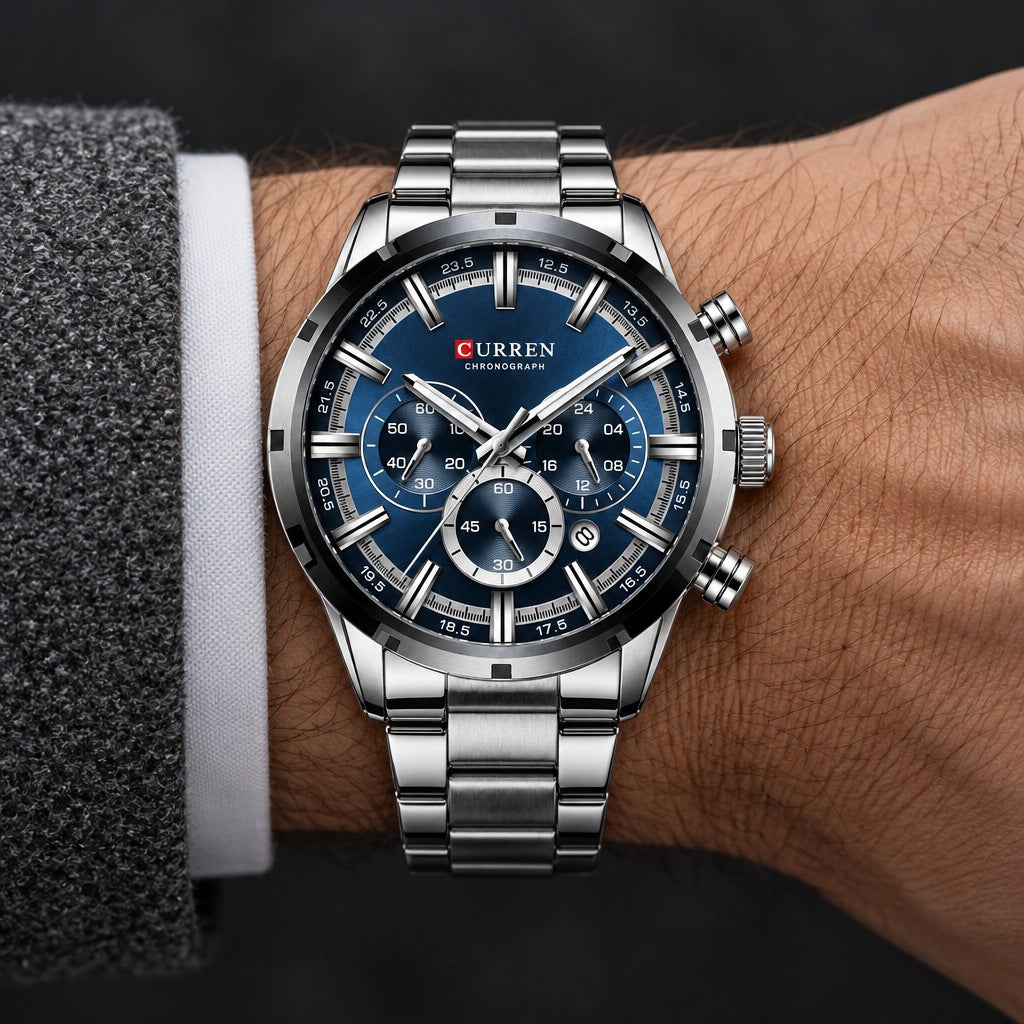 Reloj Curren 8355 Plata Fondo Azul – en la muñeca