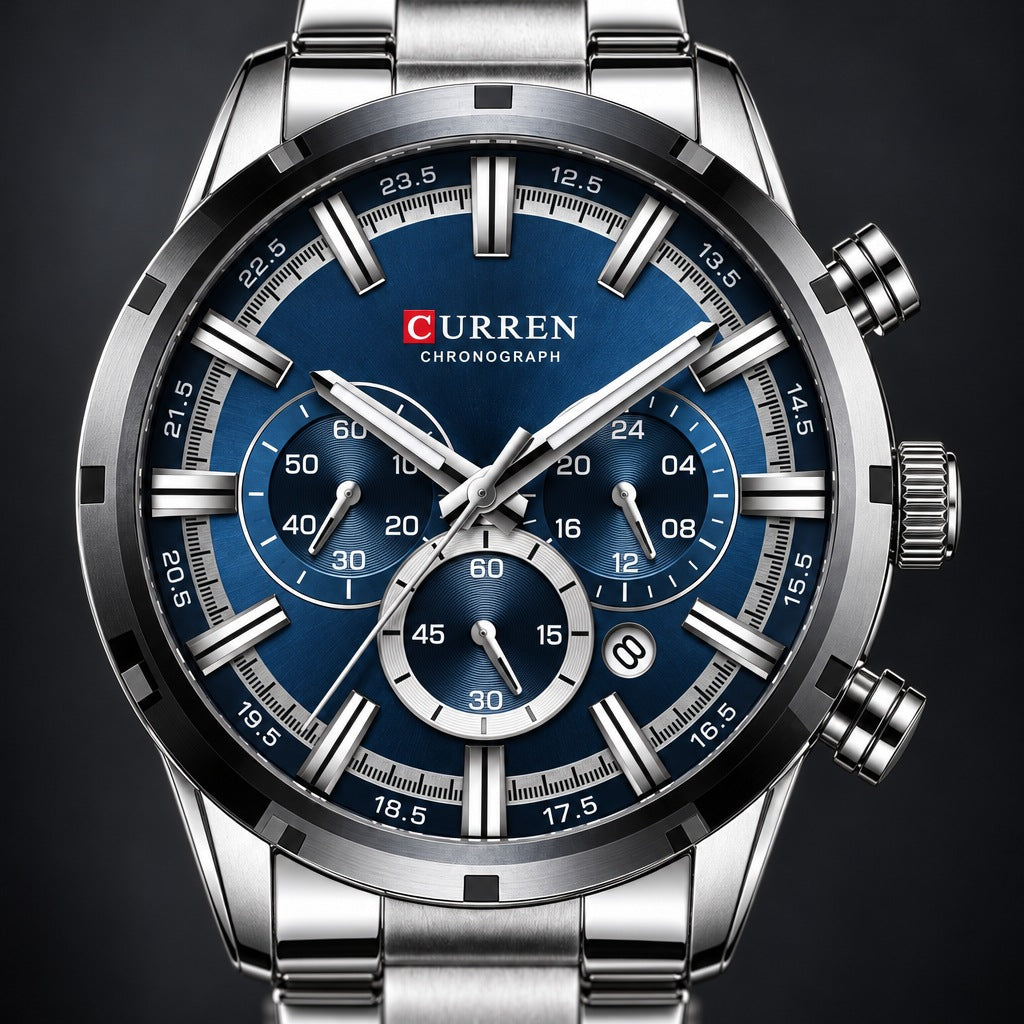 Reloj Curren 8355 Plata Fondo Azul – detalle del dial