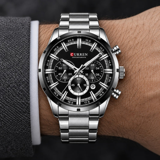 Reloj Curren 8355 Plata Fondo Negro – en la muñeca
