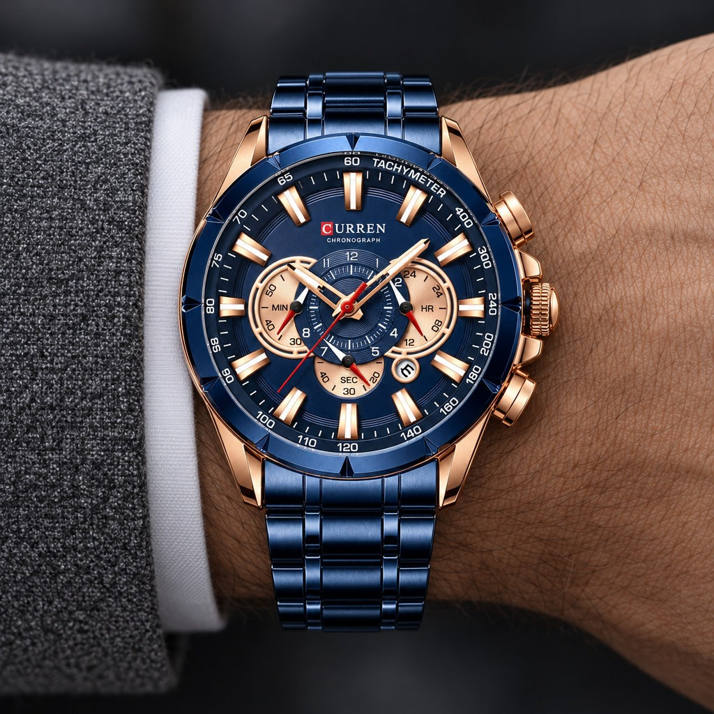 Reloj Curren 8363 Azul Cobre – en la muñeca