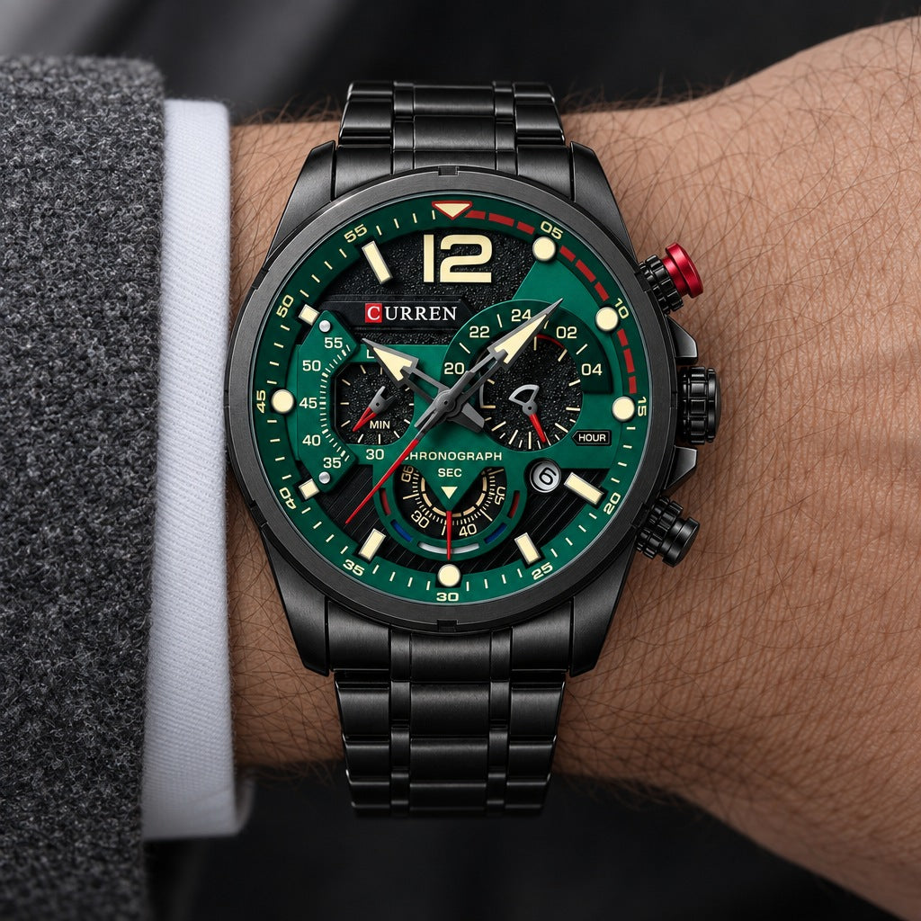 Reloj Curren 8395 Negro Verde – en la muñeca