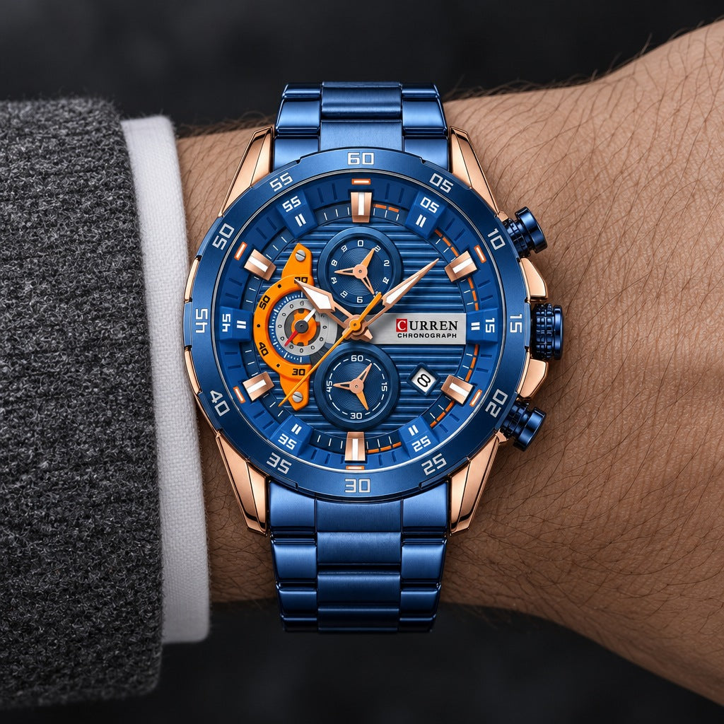 Reloj Curren 8402 Azul Naranja – en la muñeca