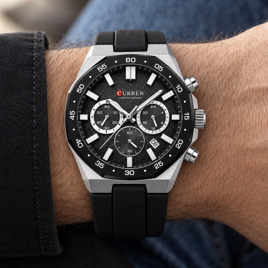 Reloj Curren 8489 Plata Fondo Negro – en la muñeca