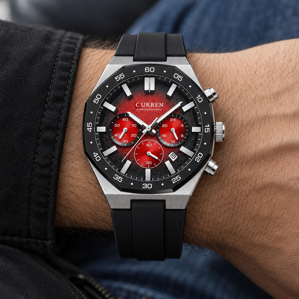 Reloj Curren 8489 Plata Fondo Negro Rojo – en la muñeca