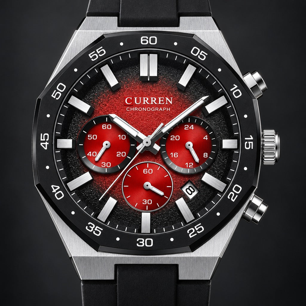 Reloj Curren 8489 Plata Fondo Negro Rojo – detalle del dial