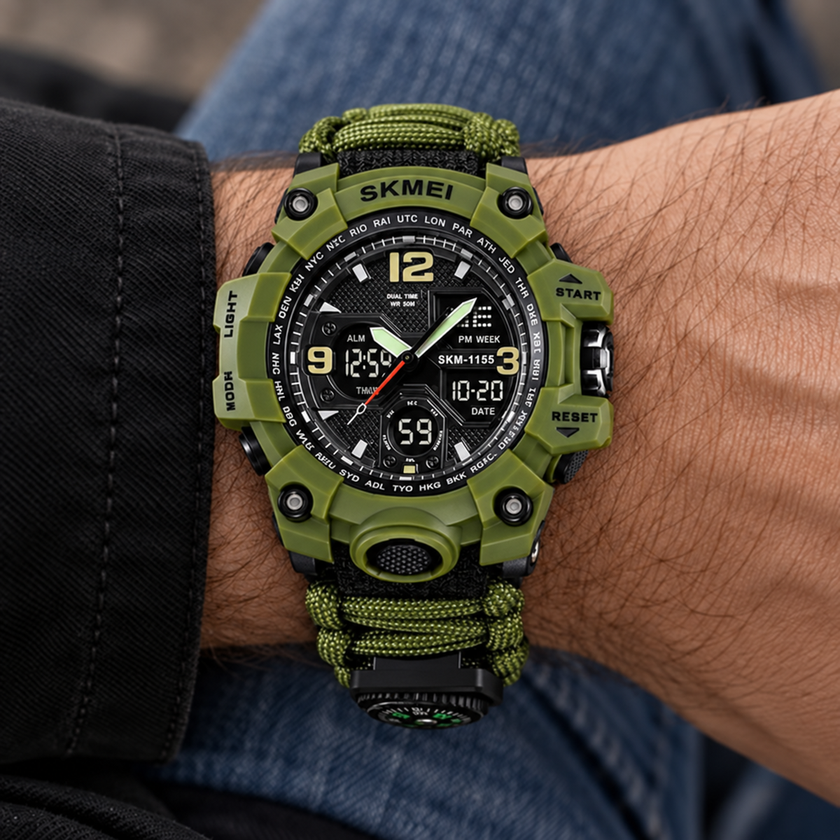 Reloj Skmei 1155 Supervivencia Verde · en la muñeca